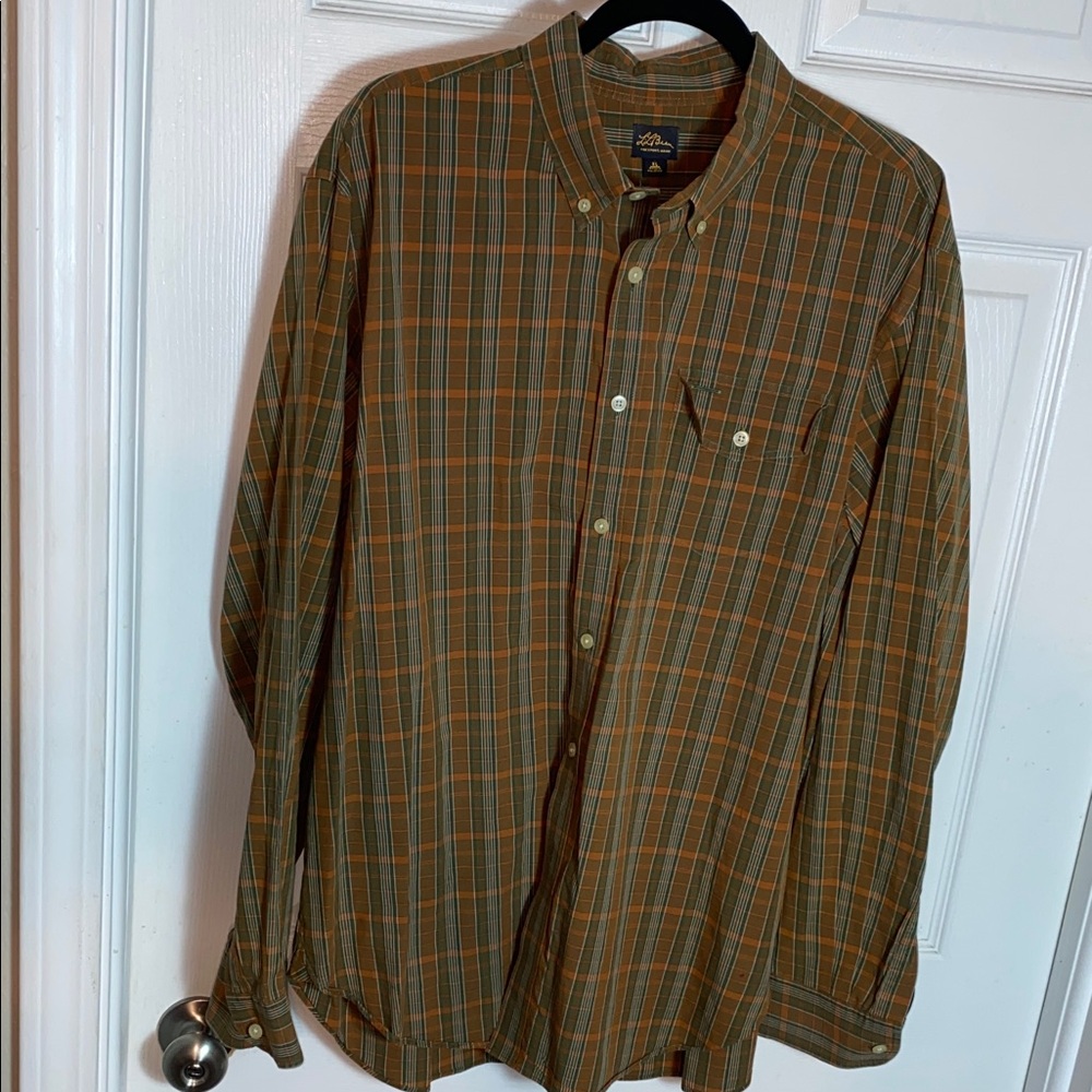 L.L. Bean Orange and Brown Checkered Shirt 100% Cotton Size XL